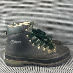 Vintage Raichle Mountaineering Hiking Boots 13 M Black Green Leather Switzerland
